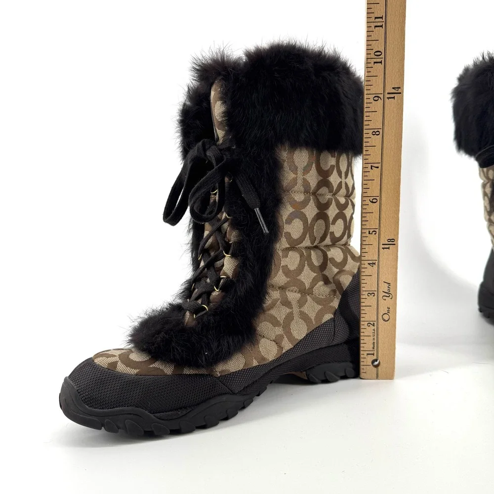COACH Jennie Vintage Boots Women 10 Khaki Brown Logo Faux Fur Winter Snow Luxury